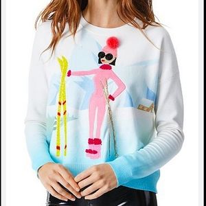 NWT$495 Alice + Olivia Gleeson Cropped Ski Print Blue Themed Wool Sweater Sz XS